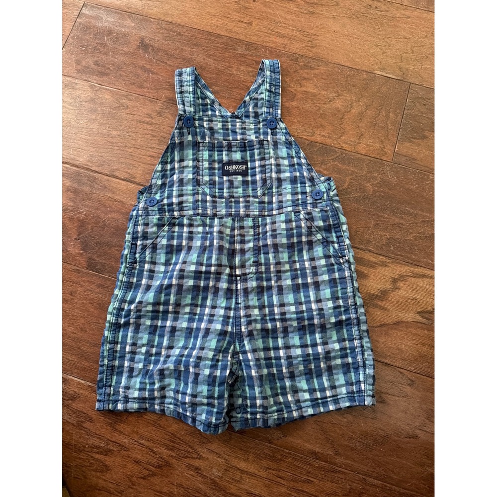 Vintage OshKosh Bgosh Boy Blue Green Plaid Cotton Shortalls Overalls 12 Months